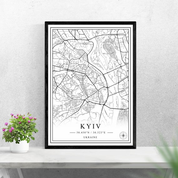 Kyiv City Map Black And White Art Print