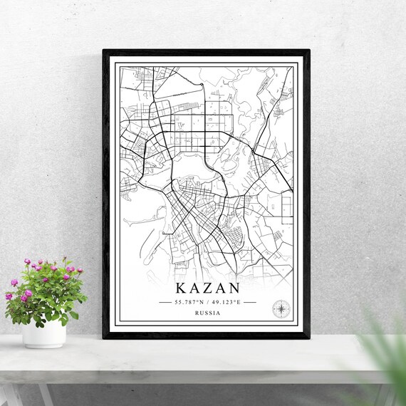 Kazan Russia City Street Map Monochrome Black And White Line Wall Art