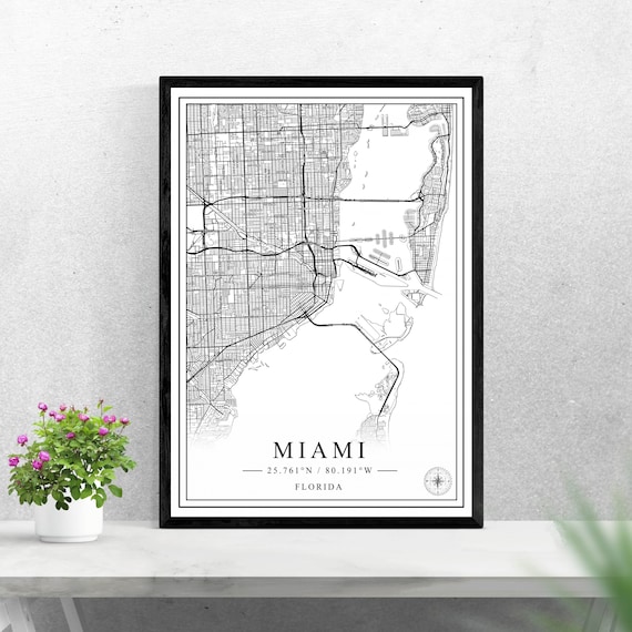 Miami Florida Minimalist Black And White City Map Street Art Poster