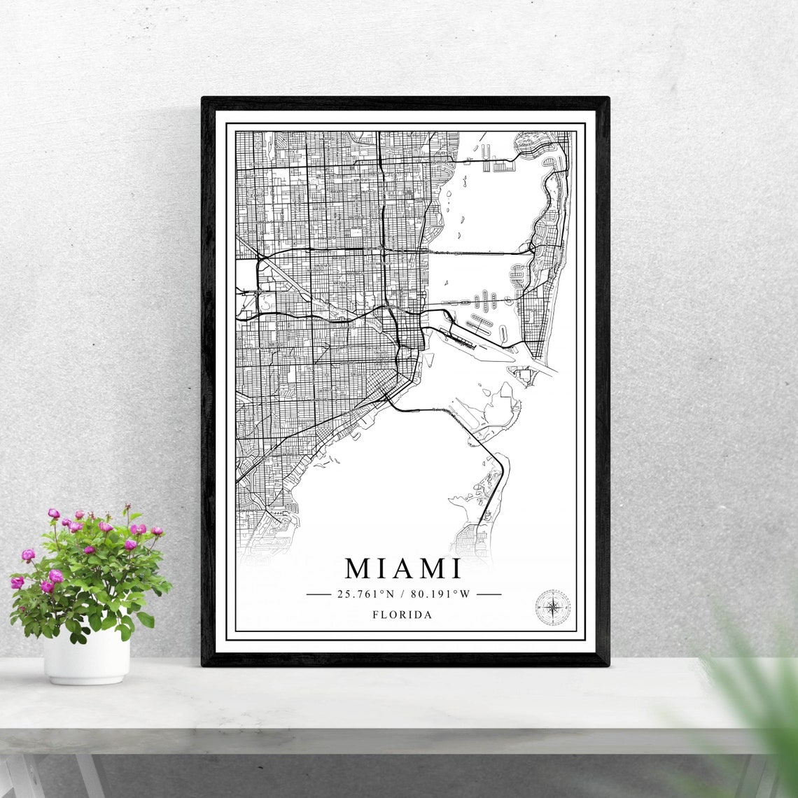 Miami Florida Minimalist Black And White City Map Street Art Poster
