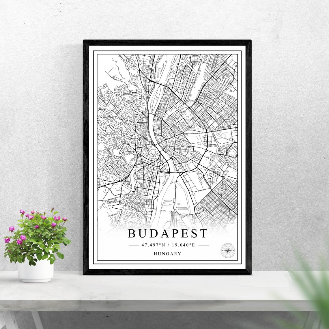 Budapest Hungary Black And White Minimalist Street Map Wall Art