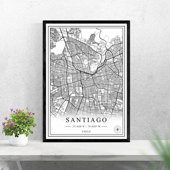 Santiago Chile Black And White City Street Map With Coordinates Art Poster