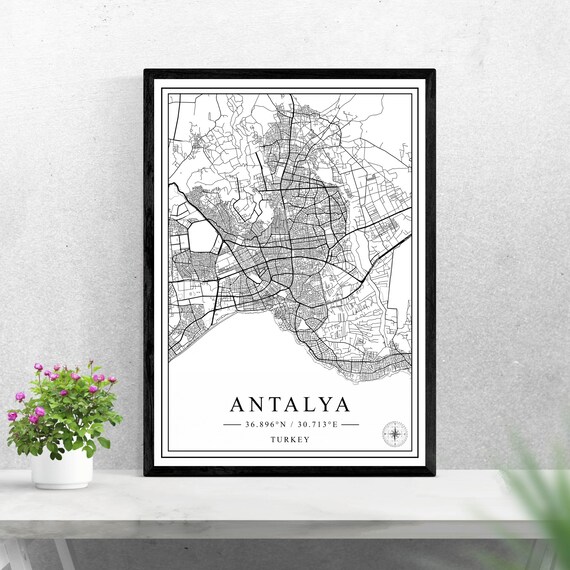 Antalya Turkey Black and White Coastal City Map Art Poster Decor