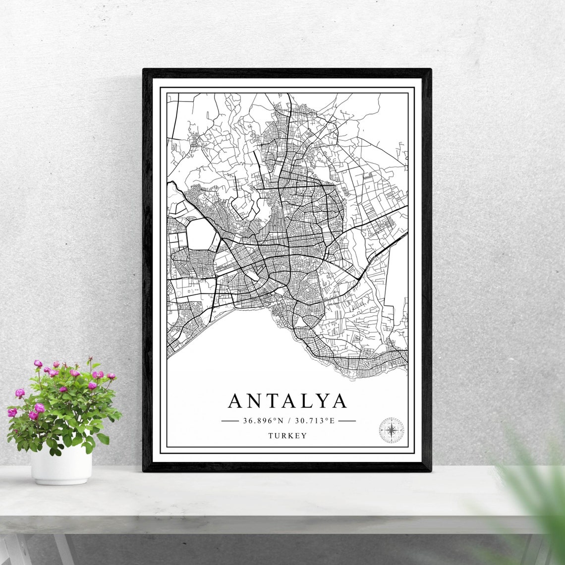 Antalya Turkey Black and White Coastal City Map Art Poster Decor