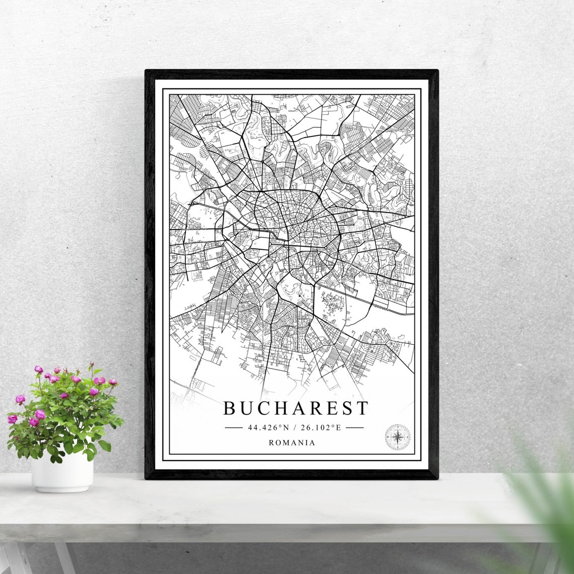 Bucharest Romania Black and White City Map Poster with Coordinates