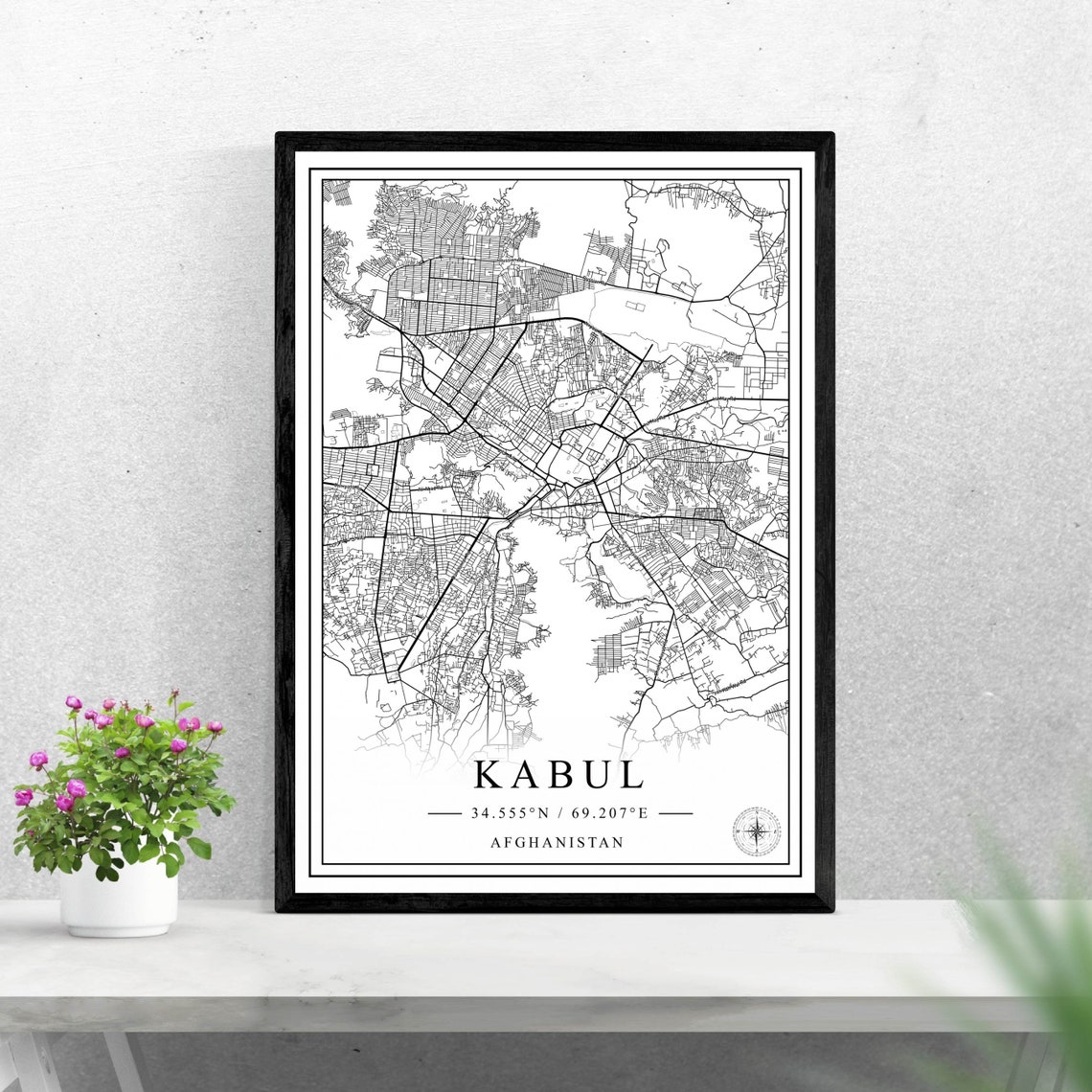 Kabul Afghanistan City Map Black and White Minimalist Poster