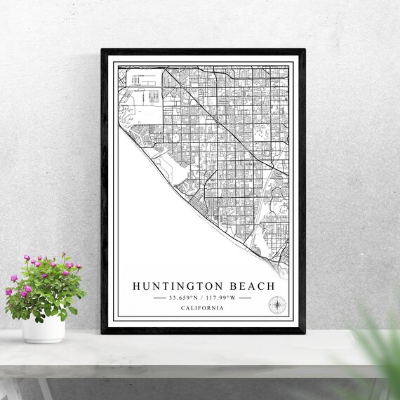 Huntington Beach California Black and White Street Map Art Poster