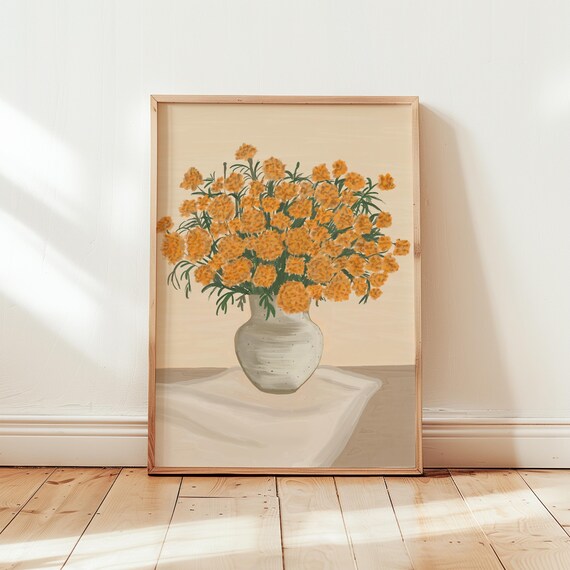 Golden Marigold Bouquet Vase Floral Still Life Painting Poster