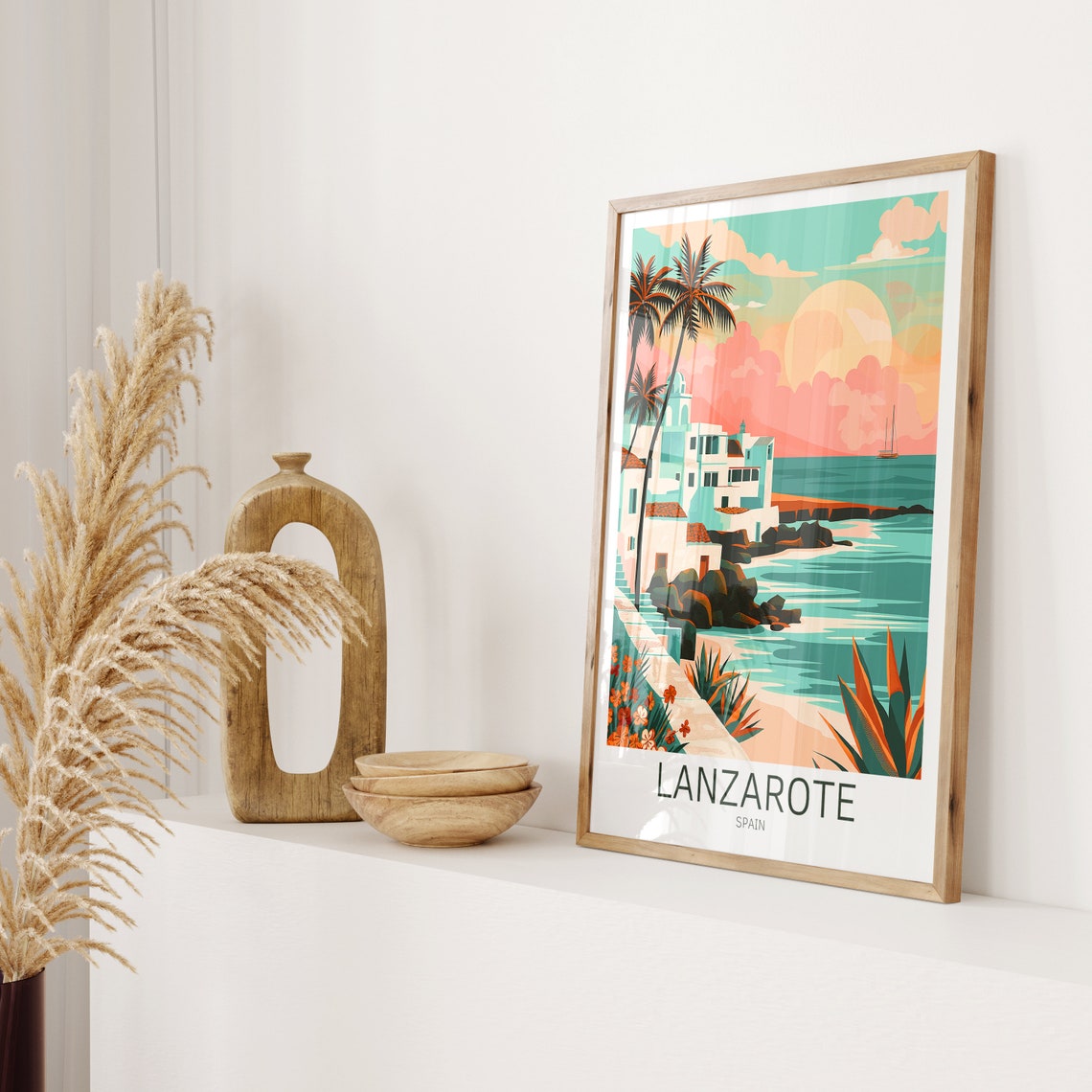 Lanzarote Spain Whitewashed Seaside Village Palms Travel Poster - Image 2