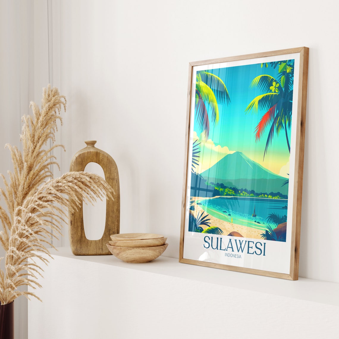 Sulawesi Indonesia Volcano Beach Palm Framed Travel Art Poster - Image 2
