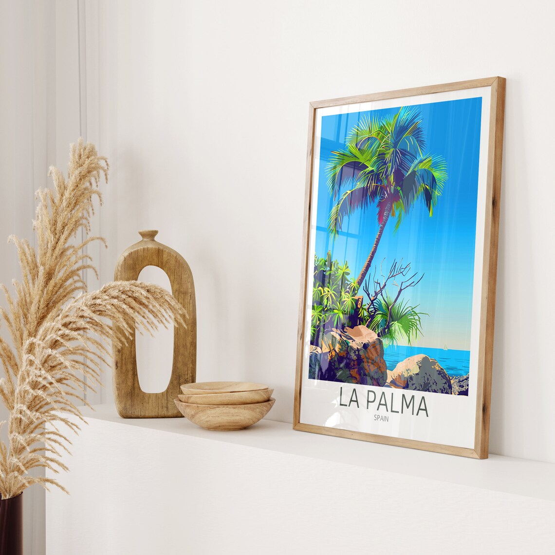 La Palma Spain Lone Palm Rocky Coast Seaside Travel Art Poster - Image 2