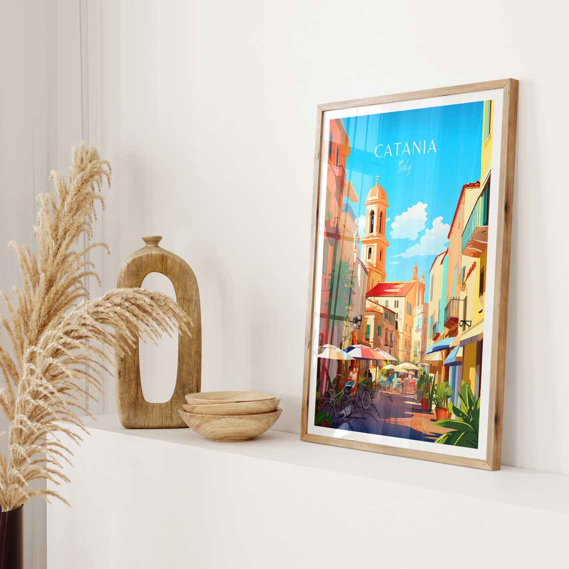 Catania Italy Sunlit Street with Church Bell Tower and Cafes Poster - Image 2