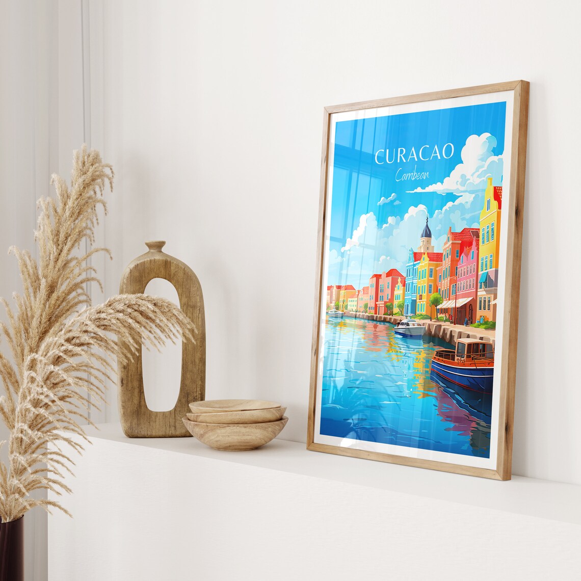 Curacao Caribbean Harbor Colorful Houses Boats Travel Poster - Image 2