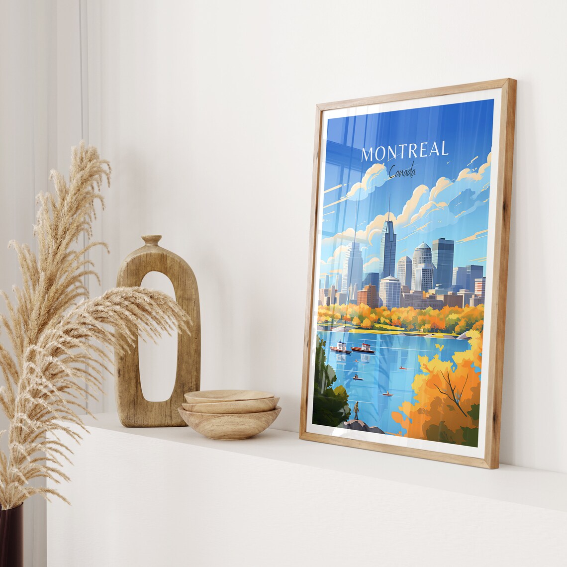 Montreal Canada Skyline Autumn River Boats Retro Travel Poster - Image 2
