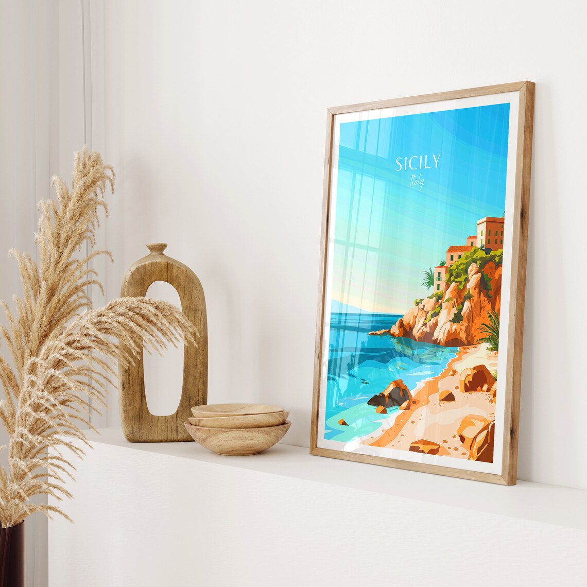 Sicily Italy Rocky Cliff Coast with Beach Houses Travel Poster - Image 2