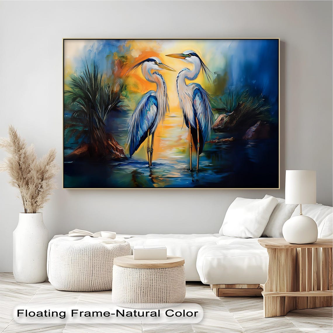 Blue Herons Sunset Lagoon Tropical Watercolor Bird Pair Wall Art