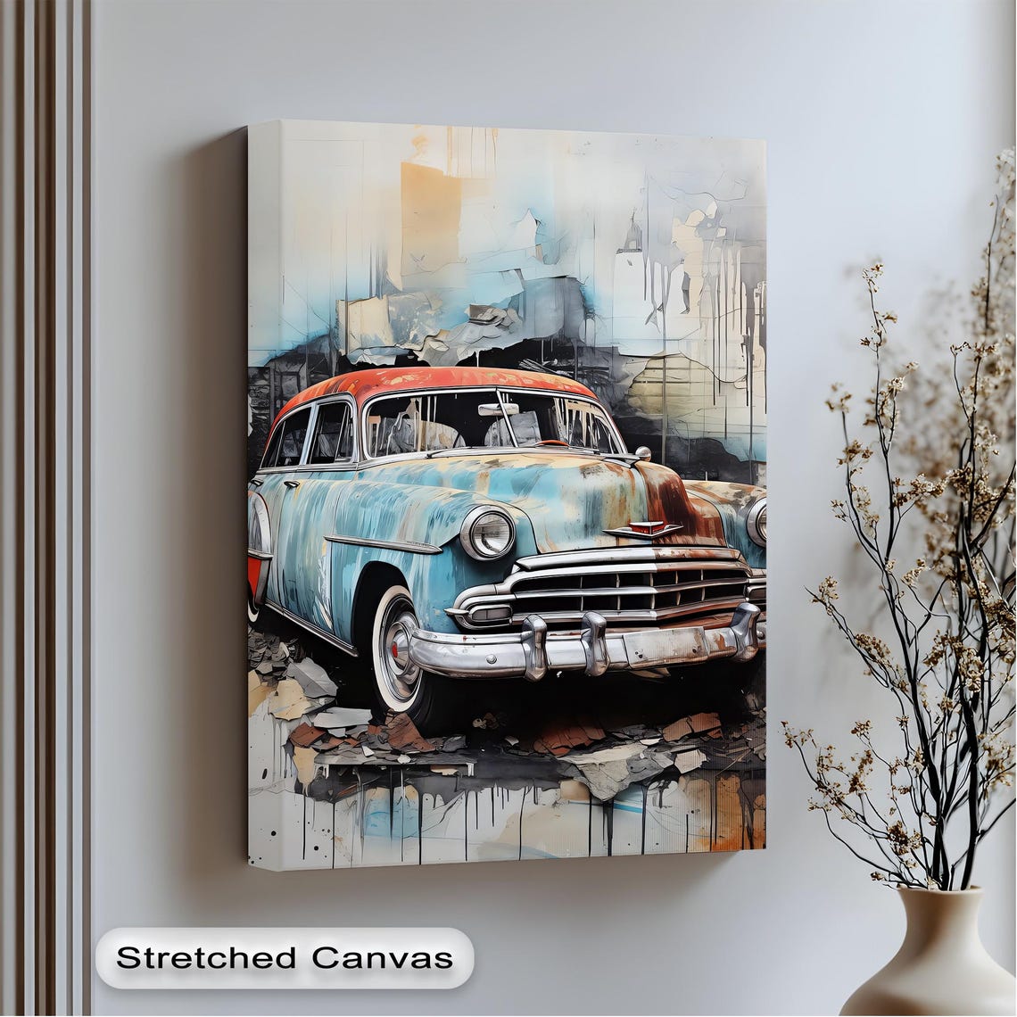 Rustic Blue Vintage Car Red Roof Abstract Urban Canvas Wall Art