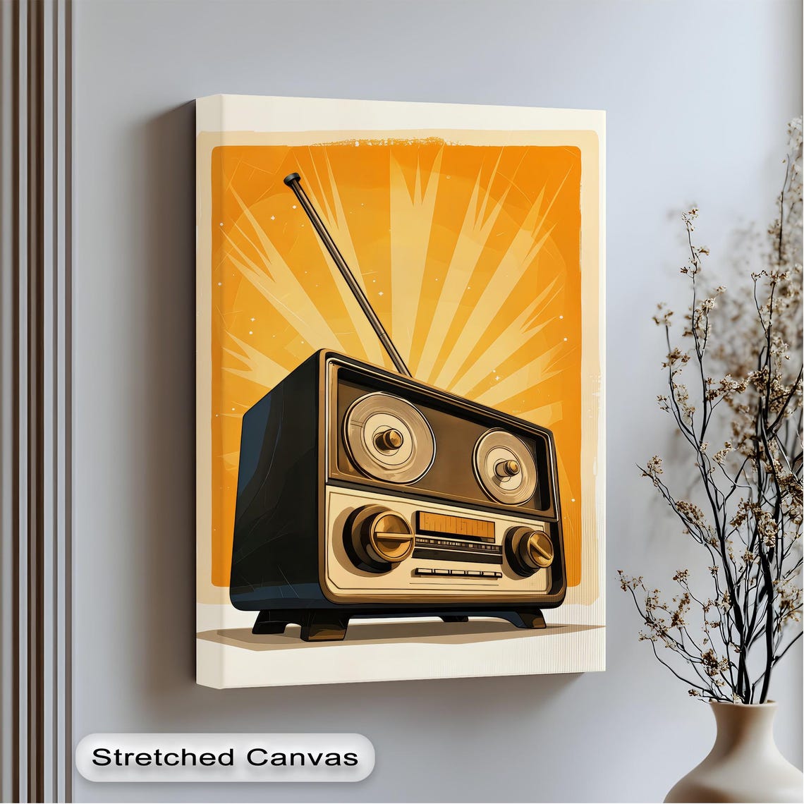 Retro Orange Radio With Tall Antenna Vintage Sunburst Poster