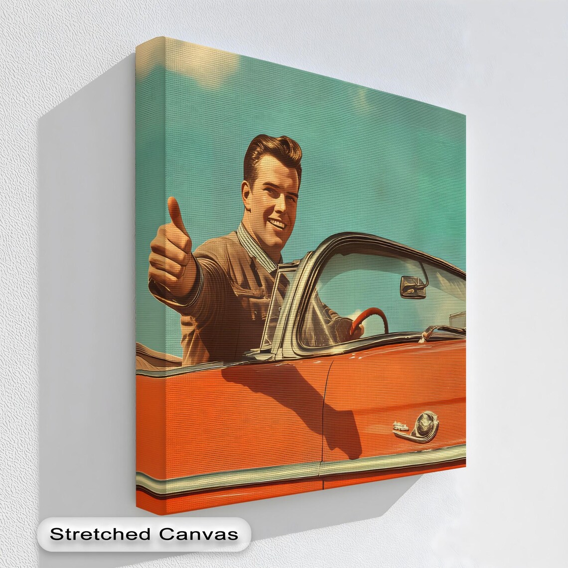 Retro Man Thumbs Up Beside Vintage Red Convertible Car 50s Poster
