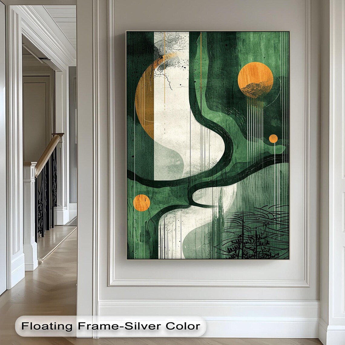 Abstract Nature Canvas Wall Art Green Orange Gold Frame
