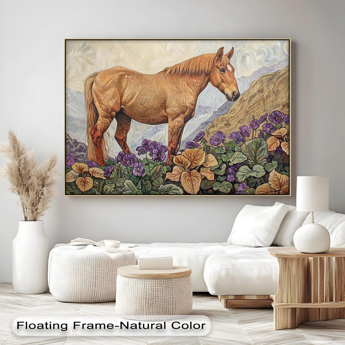 Chestnut Horse Among Purple Wildflowers Painterly Meadow Poster