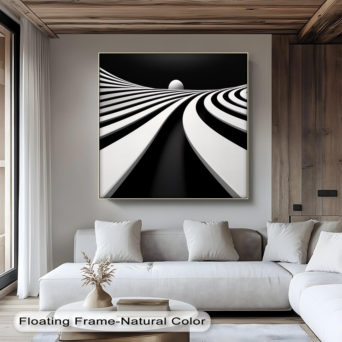 Black And White Abstract Canvas Art Modern Curved Lines Floating Frame