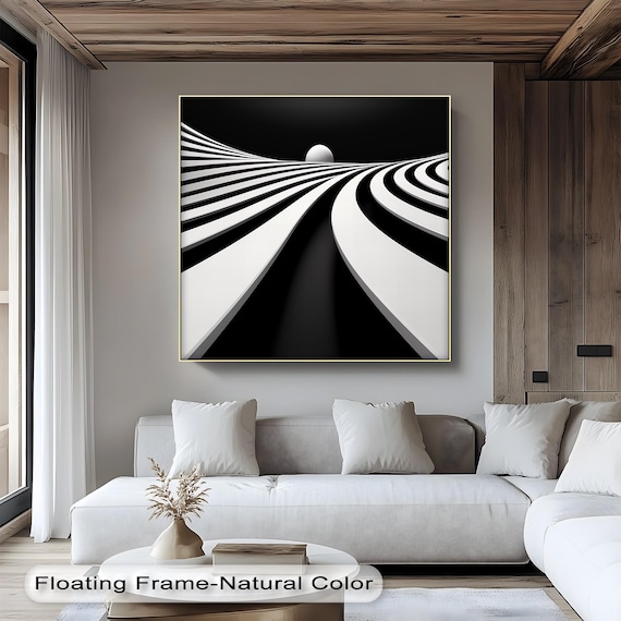 Black And White Abstract Canvas Art Modern Curved Lines Floating Frame