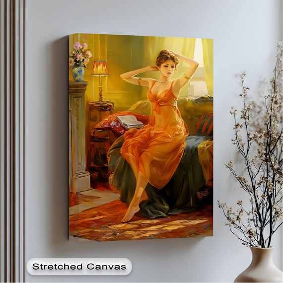 Vintage Glamour Woman in Orange Gown Vanity Oil Painting Print