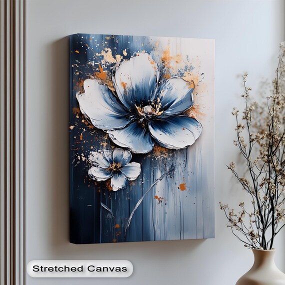 Abstract Blue Flower Canvas Prints Bold Vertical Wall Art For Living Room