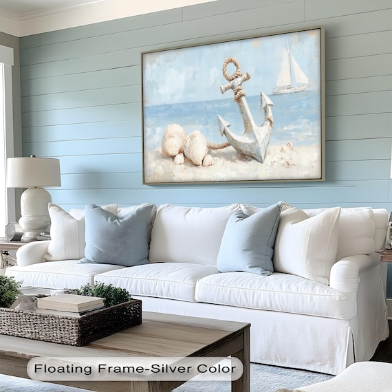 Nautical Anchor Seashells Sailboat Coastal Canvas Painting Beach Poster