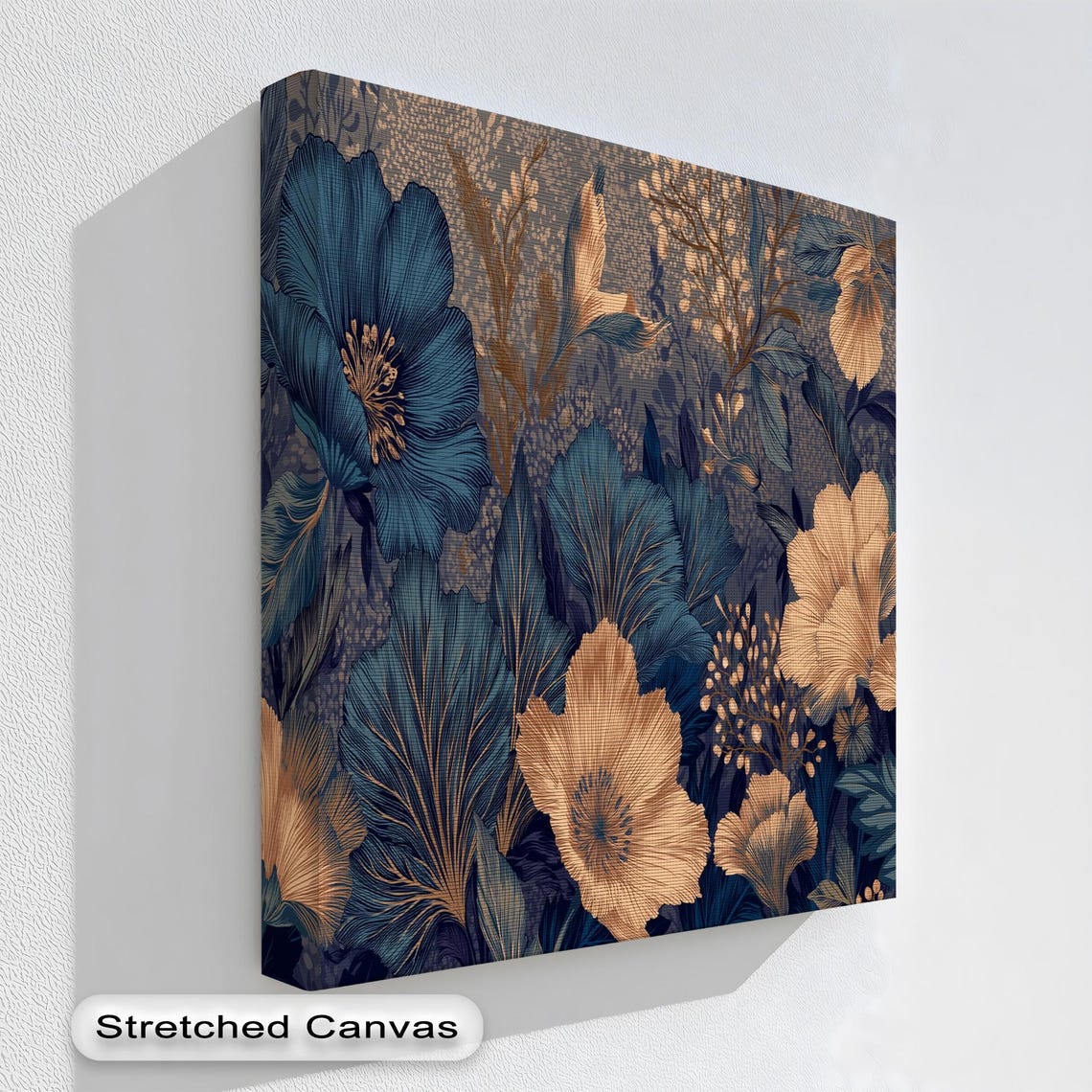 Navy and Gold Floral Midnight Garden Botanical Canvas Art Poster