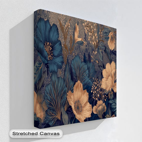 Navy And Gold Floral Canvas Art Midnight Garden Botanical Print With Floating Frame
