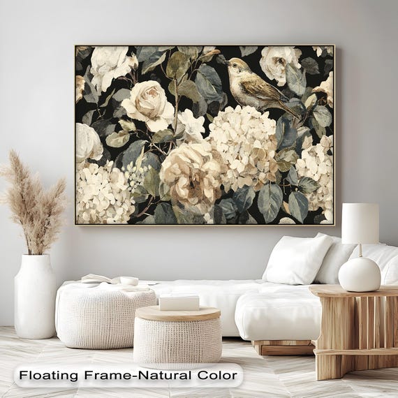 Vintage Bird And Floral Canvas Print Beige Botanical Wall Art With Gold Frame