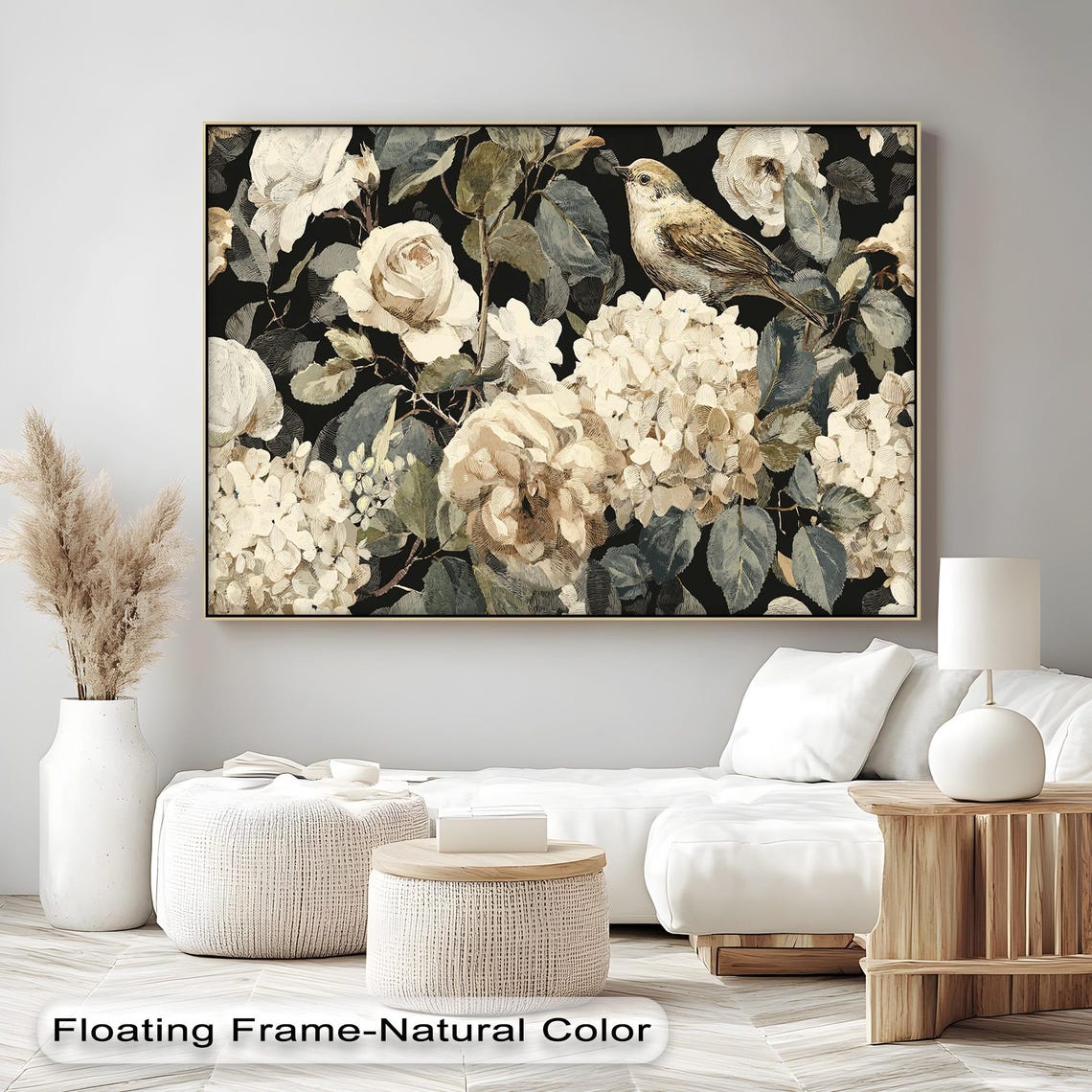 Vintage Bird And Floral Canvas Print Beige Botanical Wall Art With Gold Frame