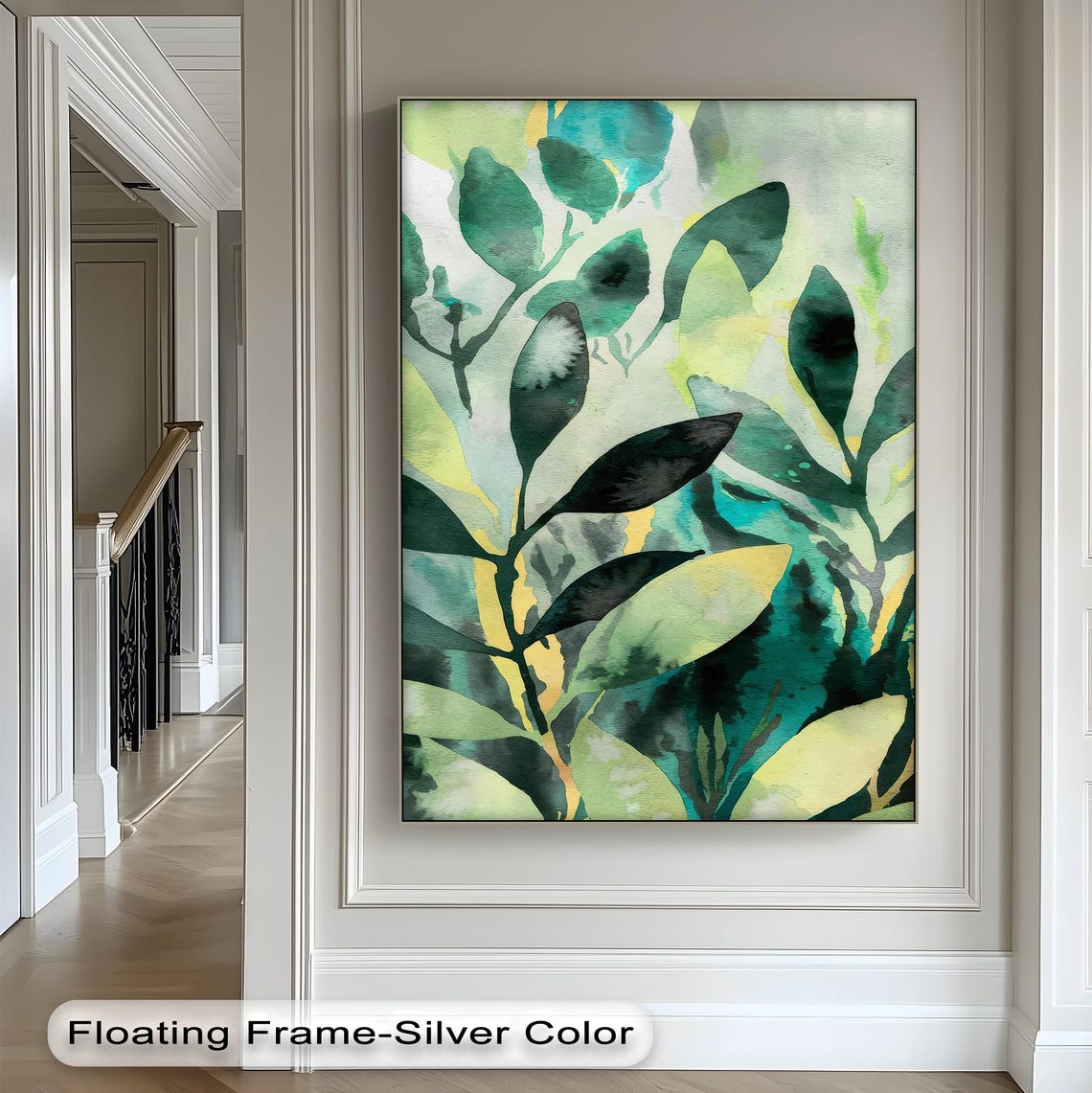 Green Botanical Canvas Wall Art Gold Floating Frame Watercolor Leaves