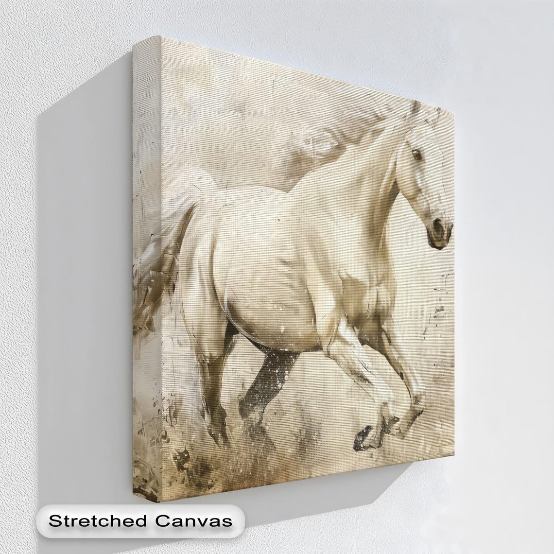 White Horse Running Beige Neutral Elegant Painting Art Poster