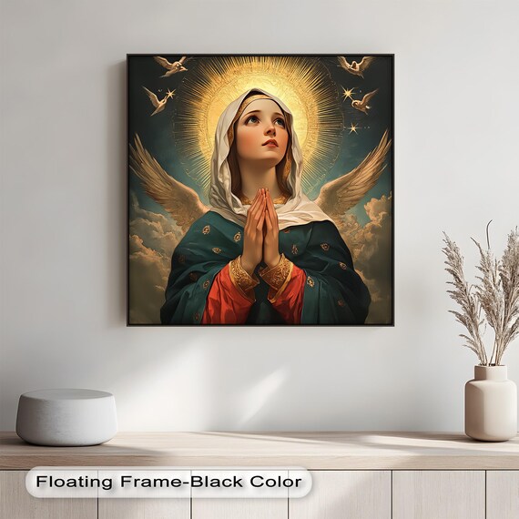 Virgin Mary with Angel Wings Golden Halo Christian Art Poster