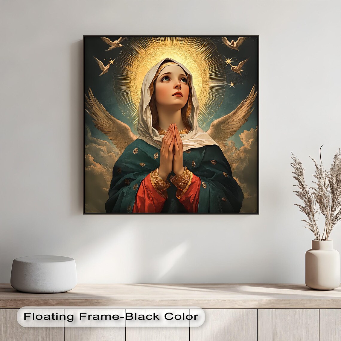 Virgin Mary with Angel Wings Golden Halo Christian Art Poster