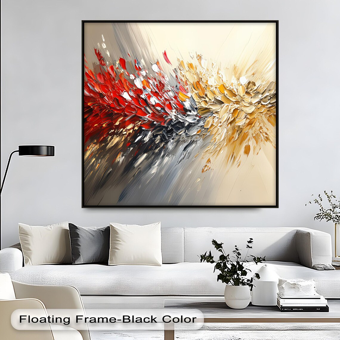 Red Gold Abstract Canvas Art Modern Brushstroke Print In Silver Frame
