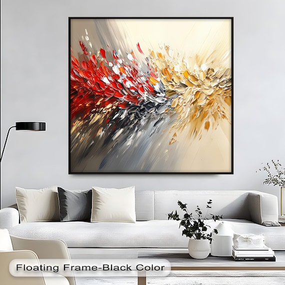 Red Gold Abstract Canvas Art Modern Brushstroke Print In Silver Frame