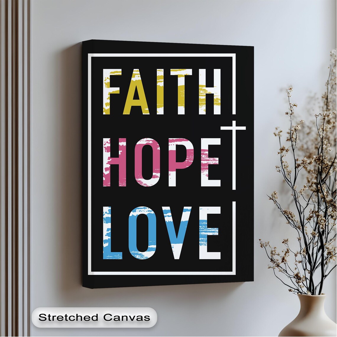 Christian Faith Hope Love Cross Bold Typography Black Canvas Wall Art