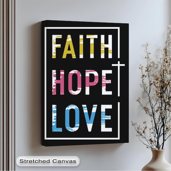 Christian Faith Hope Love Cross Bold Typography Black Canvas Wall Art