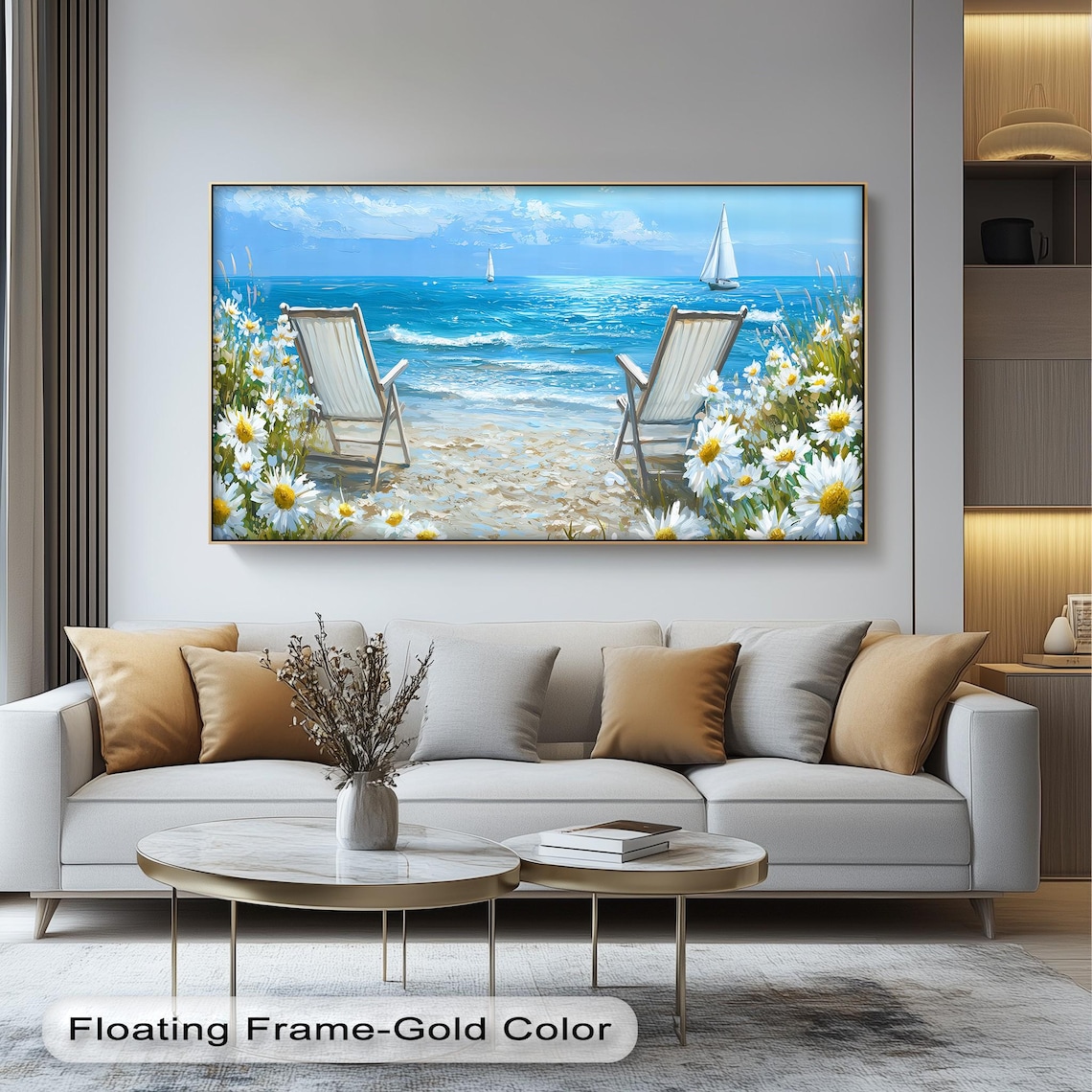 Sunny Beach Chairs Daisies Sailboats Coastal Oil Style Poster