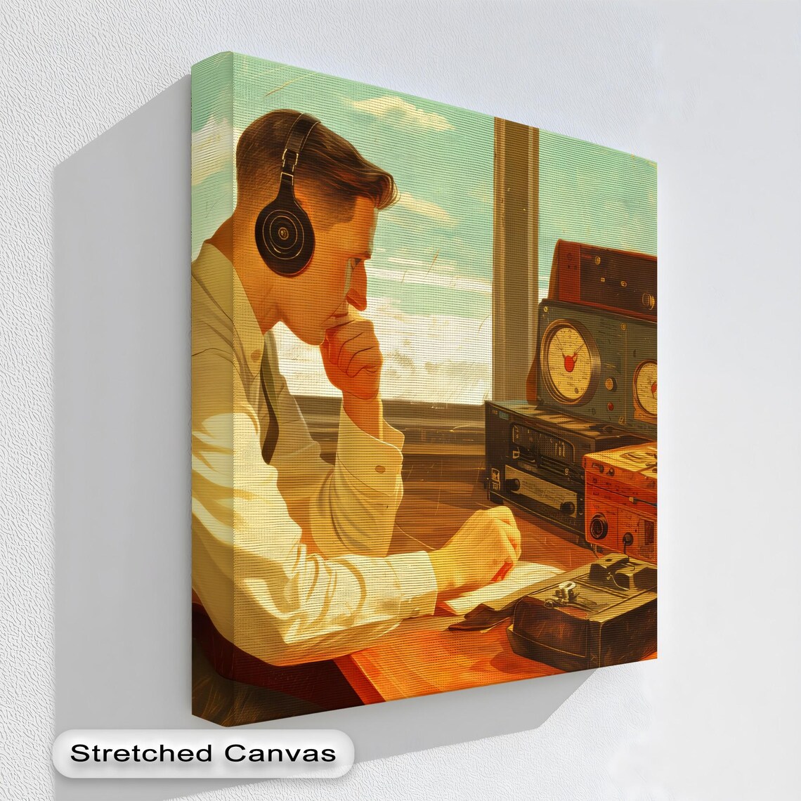 Retro Man Vintage Radio Headphones Midcentury Office Art Poster