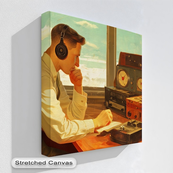 Retro Man Vintage Radio Headphones Midcentury Office Art Poster