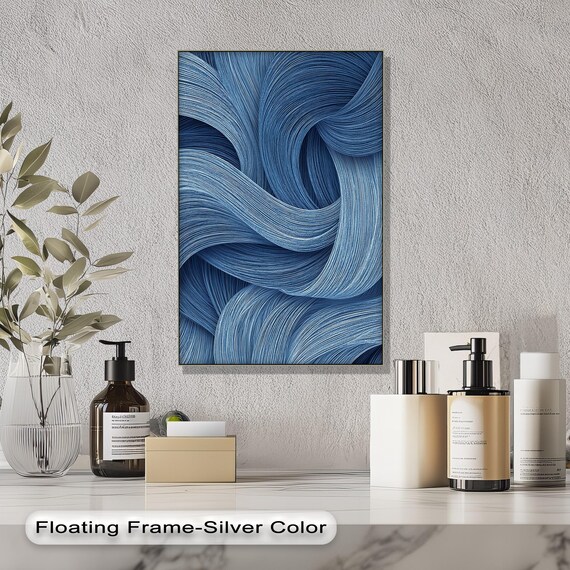 Blue Abstract Line Art Canvas Modern Minimalist Wall Decor Black Floating Frame