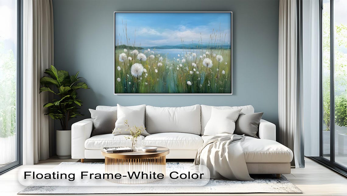 Dandelion Meadow Lake White Wildflowers Serene Nature Poster