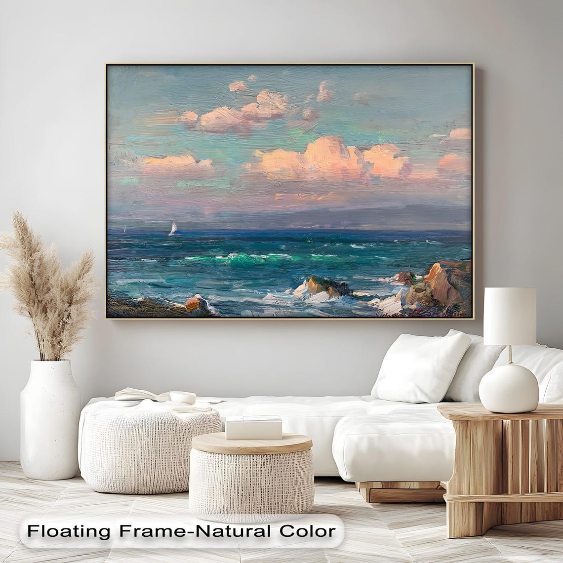 Ocean Sunset Seascape Sailboat Rocky Coast Impressionist Poster