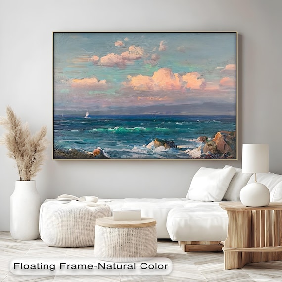 Ocean Sunset Seascape Sailboat Rocky Coast Impressionist Poster