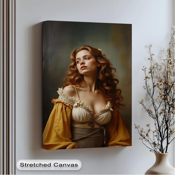 Renaissance Redhead Canvas Print Elegant Woman In Golden Dress Artwork Vertical Wall Art